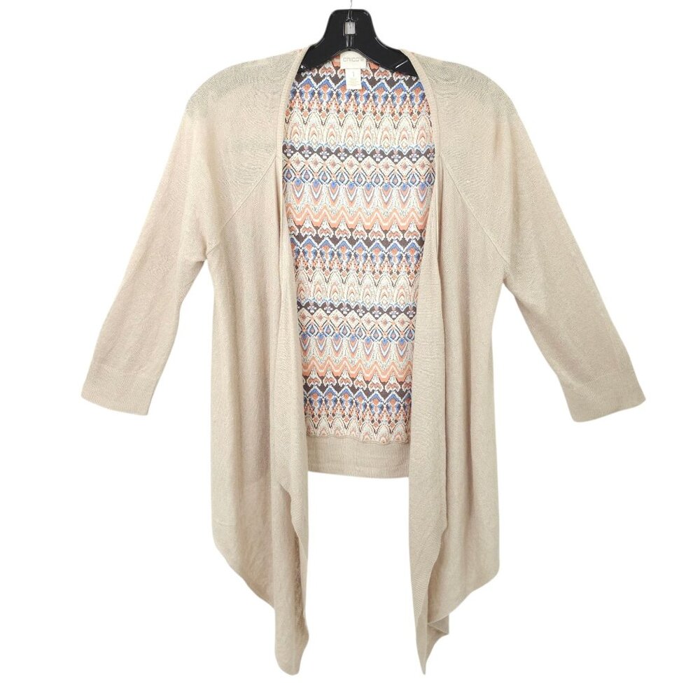 Chicos Open Front Cardigan Womens Size 1 US M/8 Sweater Tan Geometric Back